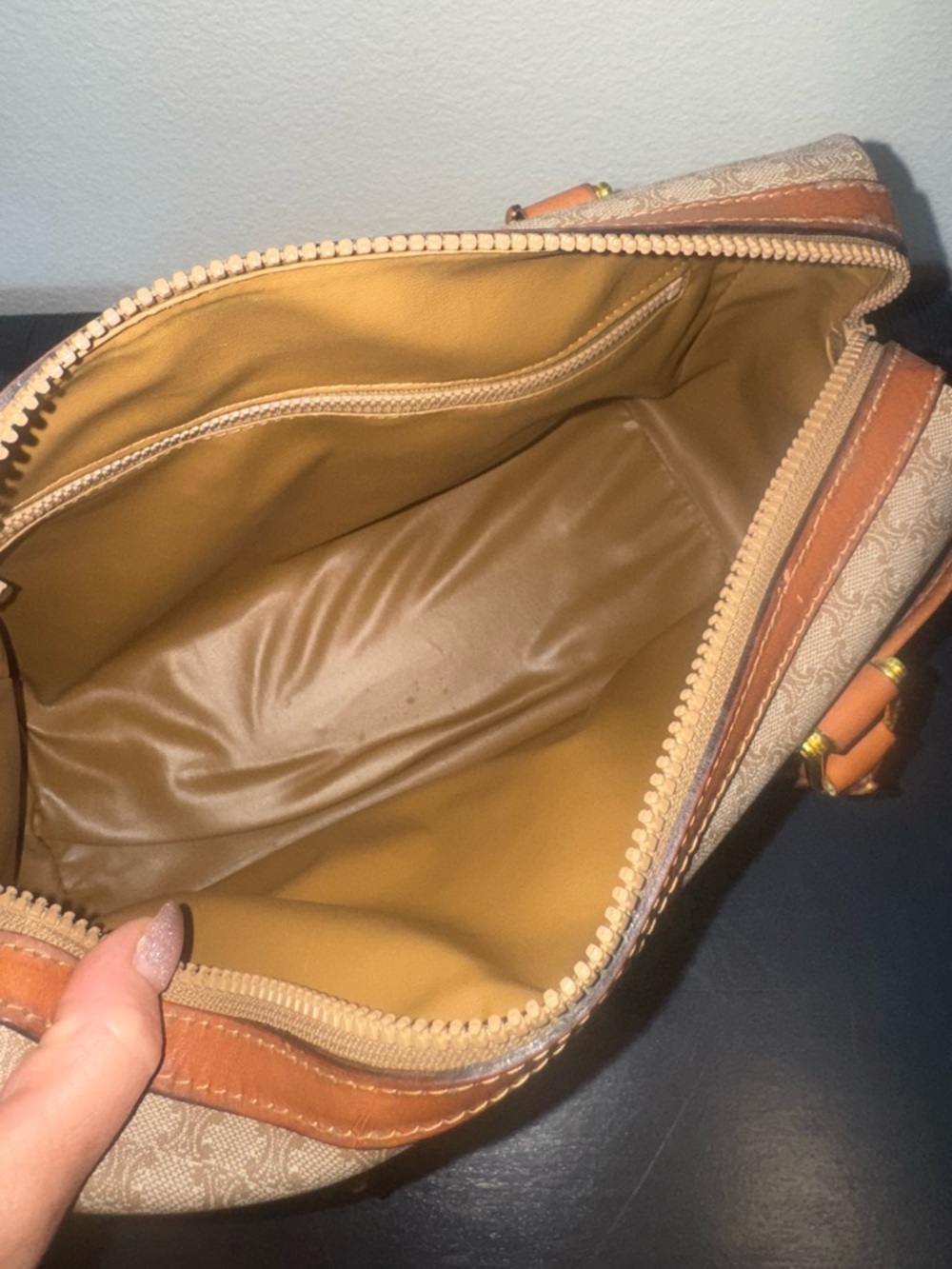 Celine Beige Monogram Macadam Boston Bag with Tan Leather Trim - Picture 12 of 16